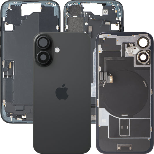 Pokrov baterije Apple iPhone 16, s srednjim ohišjem, kompletni deli, črn, zamenjava