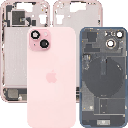 Pokrov baterije Apple iPhone 15, z srednjim ohišjem, popolni deli, roza, premium zamenjava