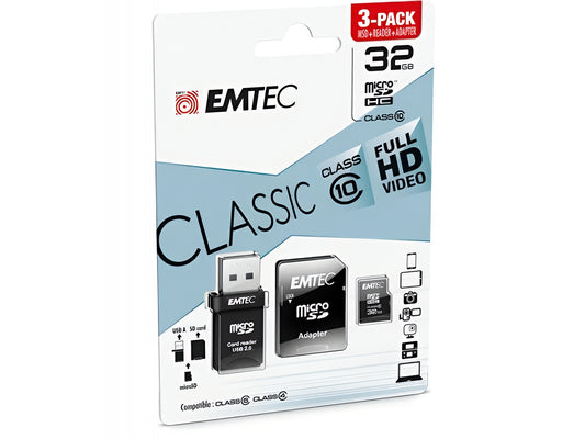 Emtec C10 Classic microSDHC Memory Card, 32Gb, Class 10, With Card Reader and Adapter ECMSDM32GHC10CGRA2