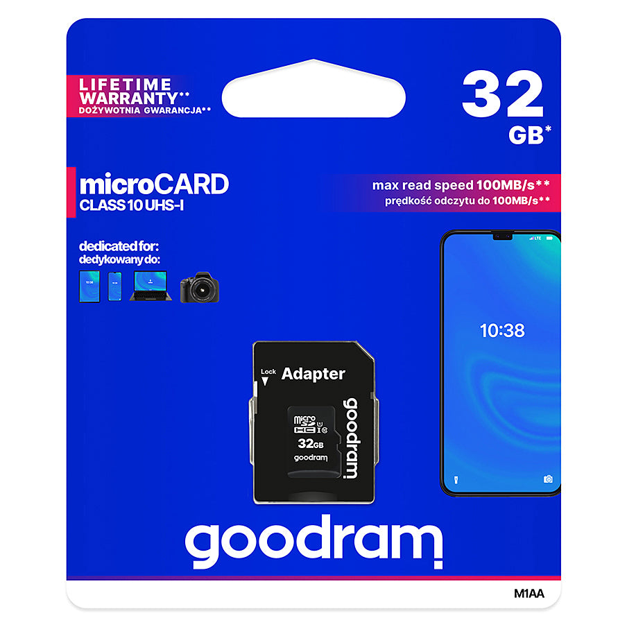 GoodRam microSDHC Memory Card, 32GB, Class 10 / UHS-1 U1, With Adapter