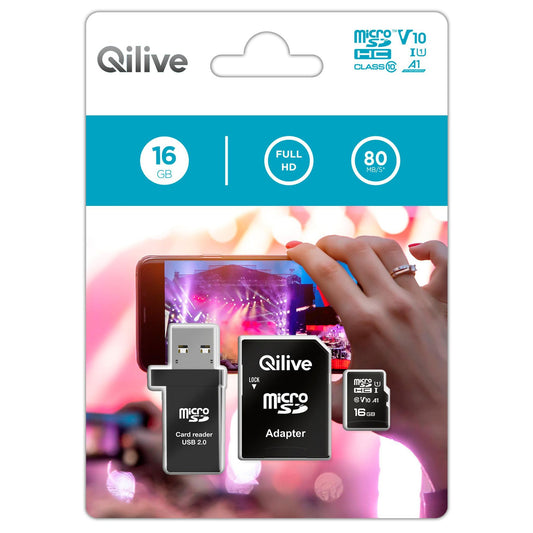MicroSDHC pomnilniška kartica Qilive, 16 GB, razred 10, z branilnikom kartic in adapterjem EKMSDM16GHC10QL