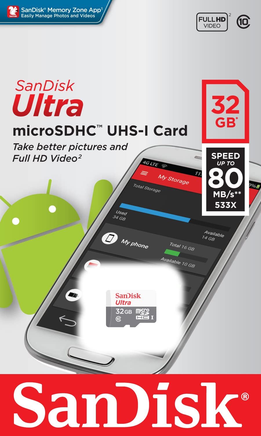 SanDisk Ultra Android microSDHC pomnilniška kartica microSDHC, 32Gb, razred 10 / UHS-1 U1 SDSQUNR-032G-GN3MN