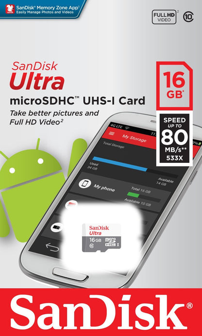 Spominska kartica microSDHC SanDisk Ultra, 16Gb, Razred 10 SDSQUNS-016G-GN3MN