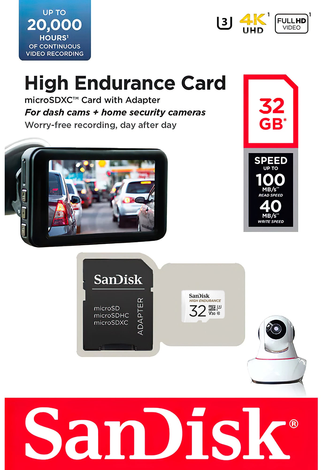 MicroSDHC pomnilniška kartica SanDisk High Endurance, 32GB, razred 10 / UHS-1 U3, z adapterjem SDSQQNR-032G-GN6IA