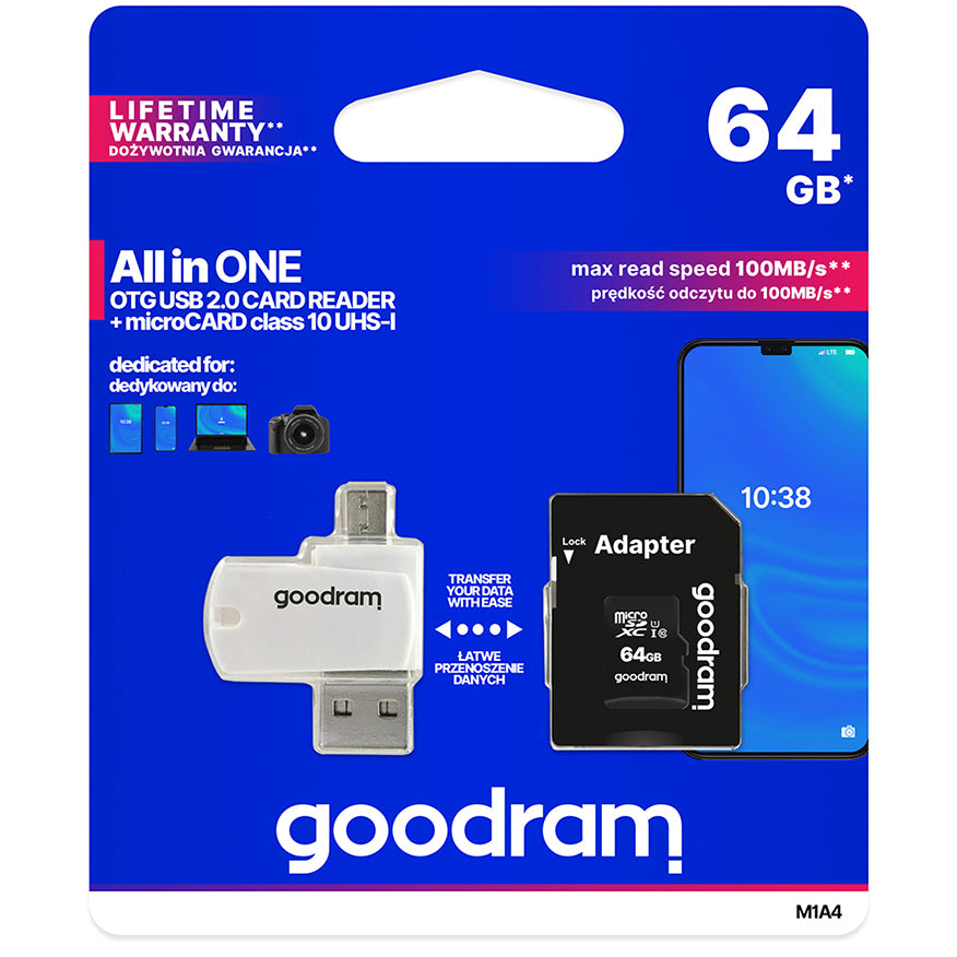 Pomnilniška kartica microSDXC GoodRam, 64Gb, Razred 10 / UHS-1 U1, z branjem kartic in adapterjem M1A4-0640R12