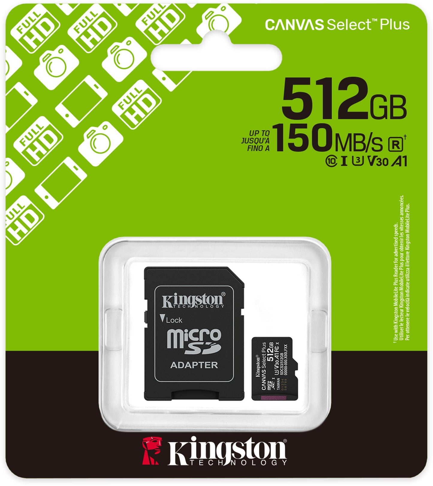 Spominska kartica microSDXC Kingston Canvas Select Plus Android A1, 512Gb, Razred 10 / UHS-1 U3, Z adapterjem SDCS3/512GB