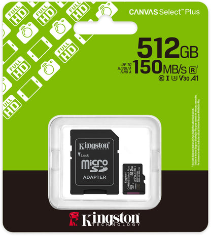 Spominska kartica microSDXC Kingston Canvas Select Plus Android A1, 512Gb, Razred 10 / UHS-1 U3, Z adapterjem SDCS3/512GB