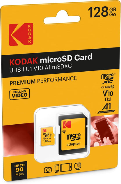 Kodak Premium Performance microSDXC Memory Card, 128Gb, Class 10 / UHS-1 U1, With Adapter EKMSDM128GXC10K