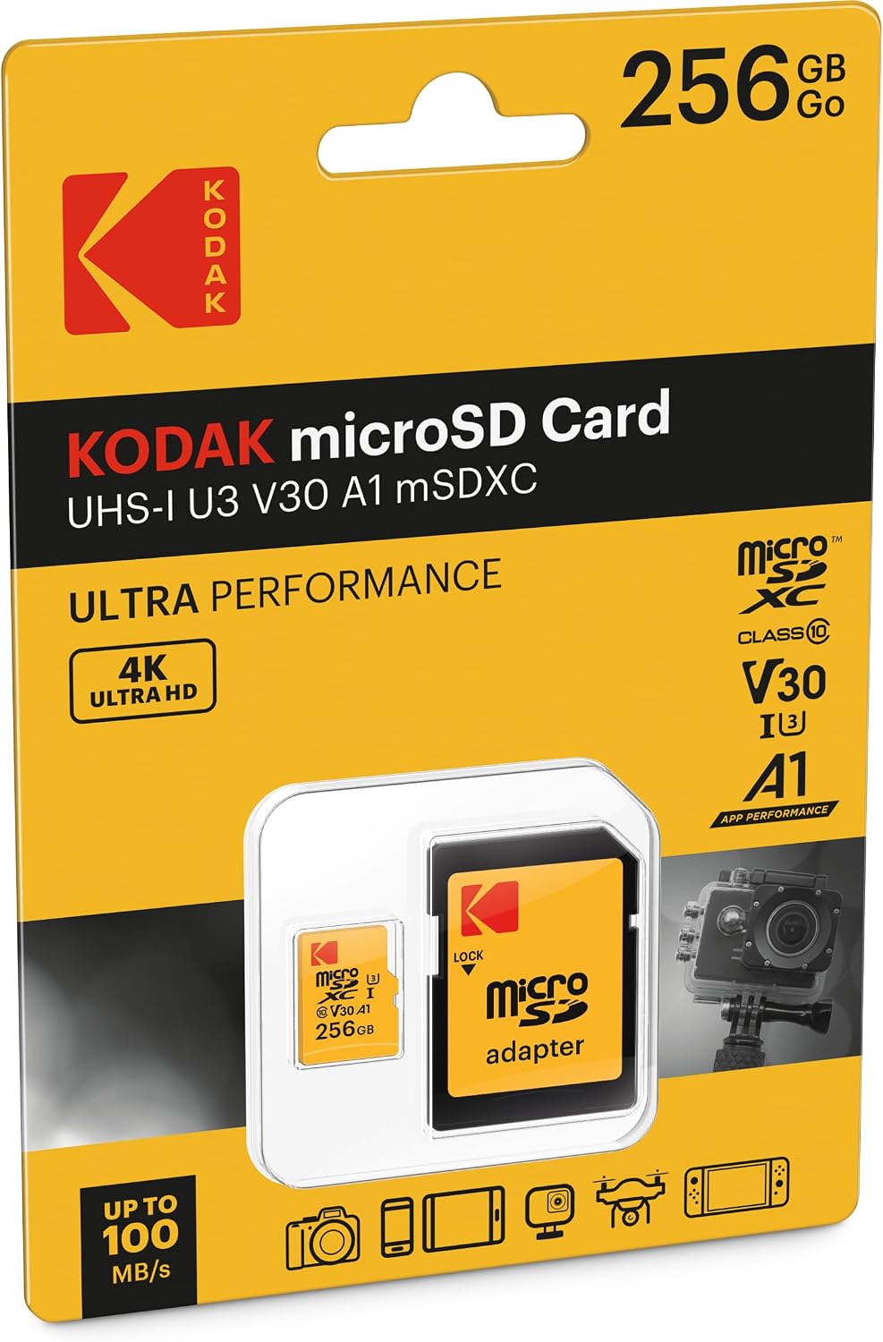 Kartica za pomnilnik microSDXC Kodak, 256Gb, Razred 10 / UHS-1 U3, z adapterjem EKMSDM256GXC10HPRK