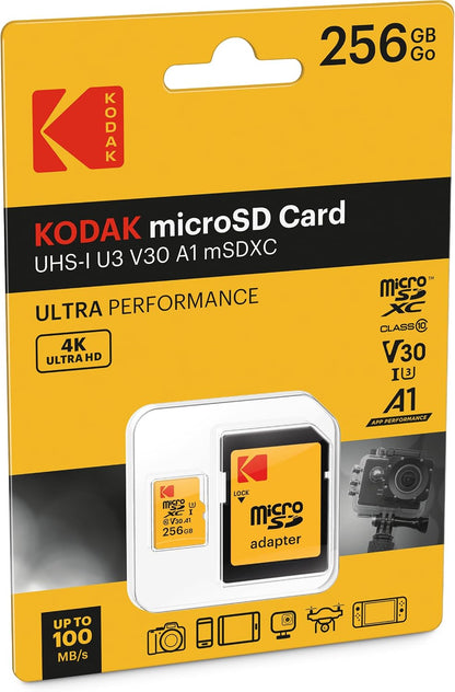 Kartica za pomnilnik microSDXC Kodak, 256Gb, Razred 10 / UHS-1 U3, z adapterjem EKMSDM256GXC10HPRK