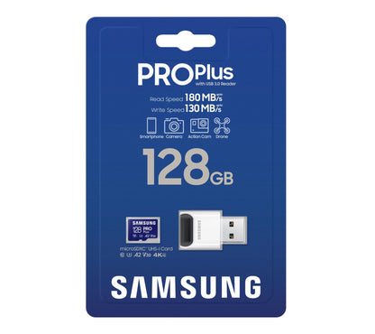 Spominska kartica microSDXC Samsung PRO Plus, 128Gb, Razred 10 / UHS-1 U3, z bralnikom kartic MB-MD128SB/WW