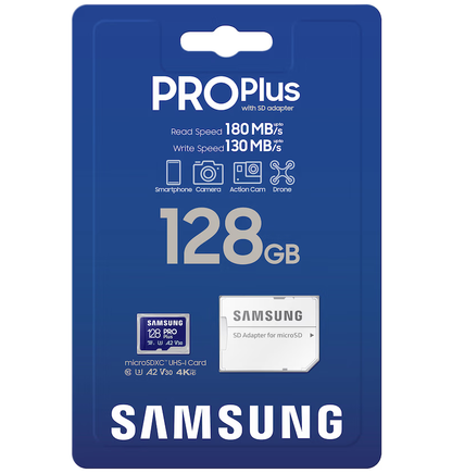 Samsung PRO Plus microSDXC Memory Card, 128Gb, Class 10 / UHS-1 U3, With Adapter MB-MD128SA/EU