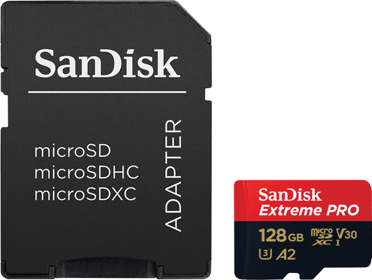Spominska kartica microSDXC SanDisk Extreme Pro, 128Gb, Razred 10 / UHS-1 U3, Z adapterjem SDSQXCD-128G-GN6MA