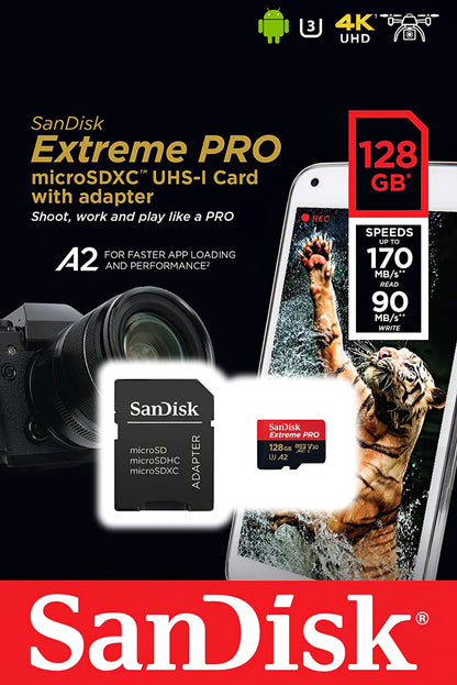 Spominska kartica microSDXC SanDisk Extreme Pro, 128Gb, Razred 10 / UHS-1 U3, Z adapterjem SDSQXCD-128G-GN6MA