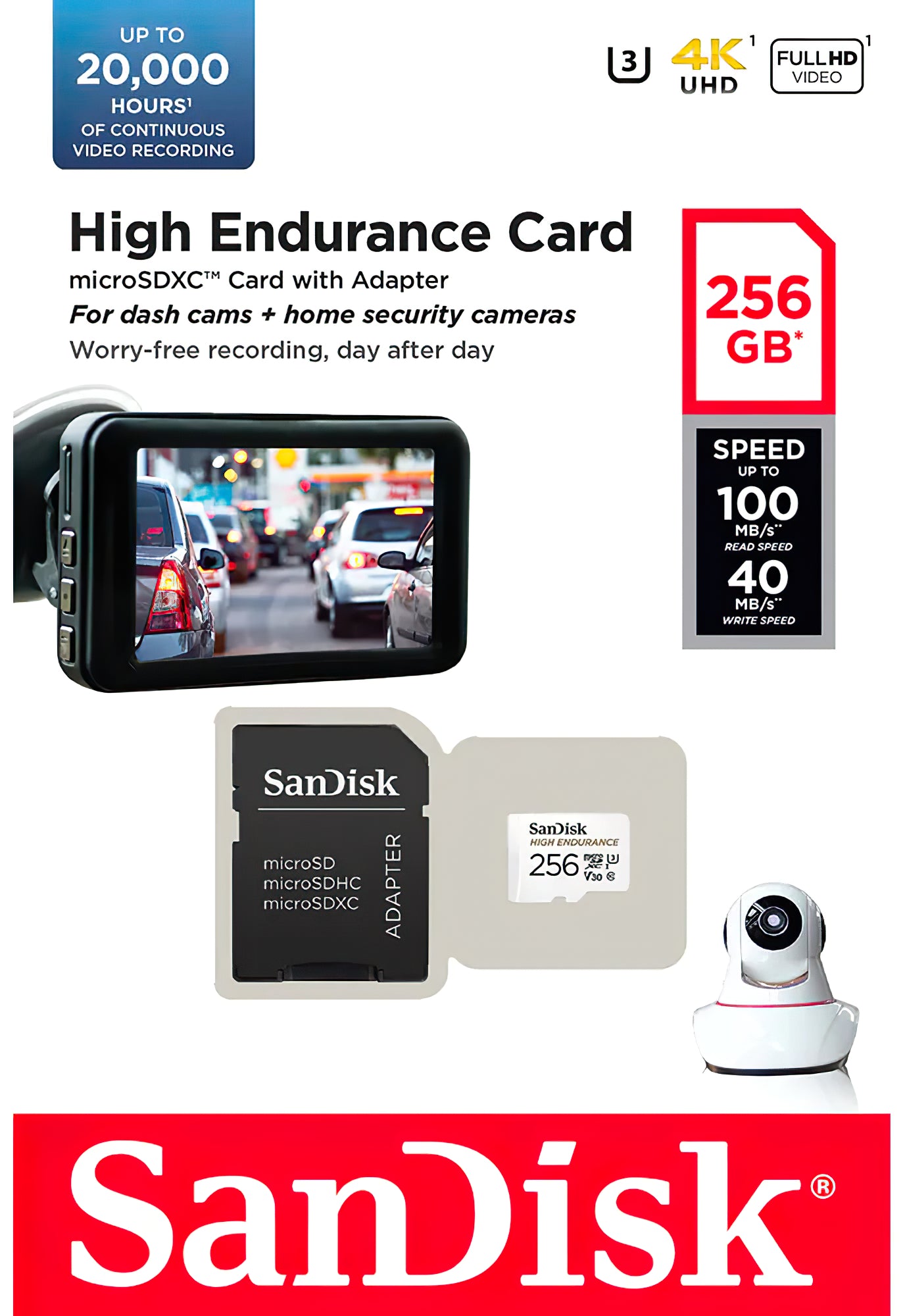 Pomnilniška kartica microSDXC SanDisk High Endurance, 256Gb, Razred 10 / UHS-1 U3, Z adapterjem SDSQQNR-256G-GN6IA