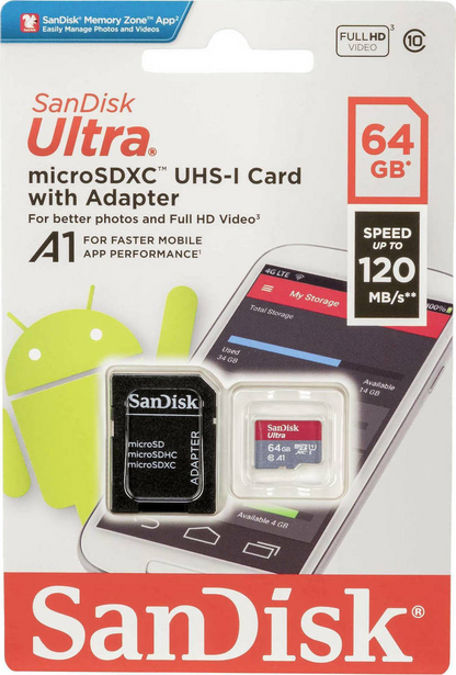 Spominska kartica microSDXC SanDisk Ultra Android A1, 64Gb, Razred 10 / UHS-1 U1, Z adapterjem SDSQUAB-064G-GN6MA