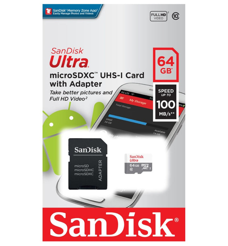 SanDisk Ultra microSDXC Memory Card, 64Gb, Class 10, With Adapter SDSQUNR-064G-GN6TA