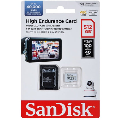 SanDisk High Endurance microSDXC Memory Card, 512Gb, Class 10 / UHS-1 U3, With Adapter SDSQQNR-512G-GN6IA