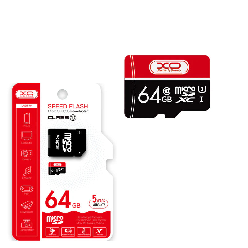 MicroSDXC pomnilniška kartica XO Design Speed Flash, 64GB, razred 10 / UHS-1 U3, z adapterjem