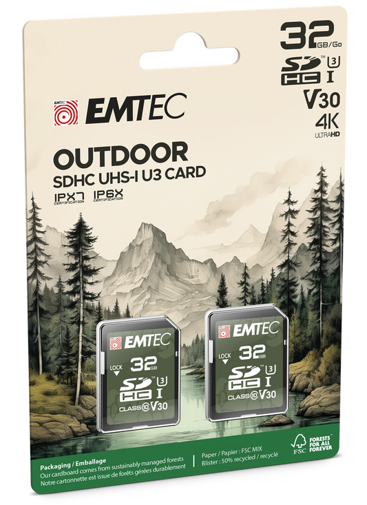 Emtec Rugged Outdoor SDHC Memory Card, 32Gb, Class 10 / UHS-1 U3, Set of 2 pieces ECMSD32GHC10ORP2