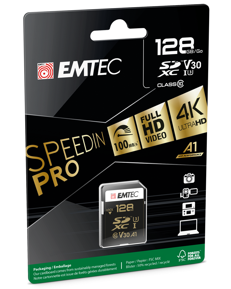 Spominska kartica SDXC Emtec SpeedIn Pro, 128Gb, Razred 10 / UHS-1 U3 ECMSD128GXC10SP