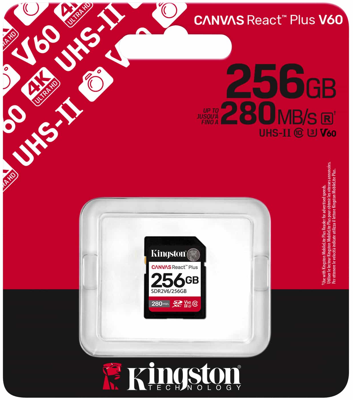 Spominska kartica SDXC Kingston Canvas React Plus, 256Gb, Razred 10 / UHS-2 U3 SDR2V6/256GB