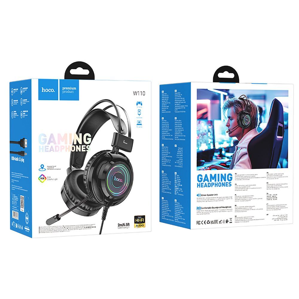 Gaming slušalke 3,5 mm HOCO W110, RGB, črne