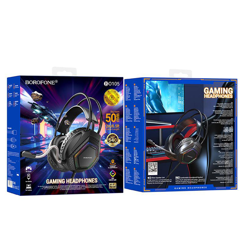 Borofone BO105 Thunder 3.5mm Gaming Headphones, RGB, 2m, Black