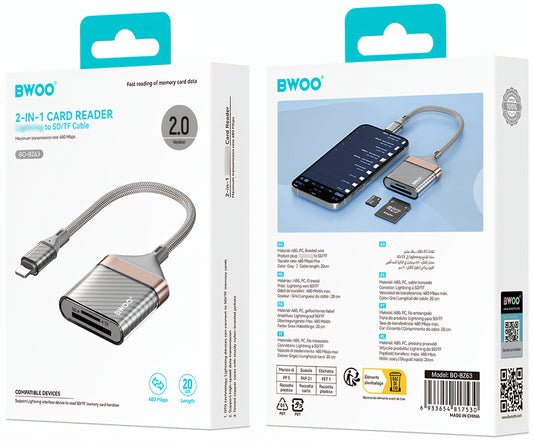 Čitalnik kartic Lightning BWOO BZ63, SD – microSD, siv