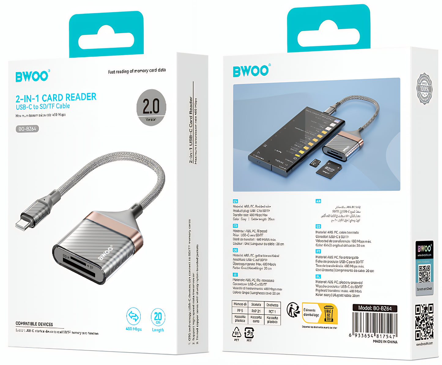 USB-C bralnik kartic BWOO BZ64, SD - microSD, Siva