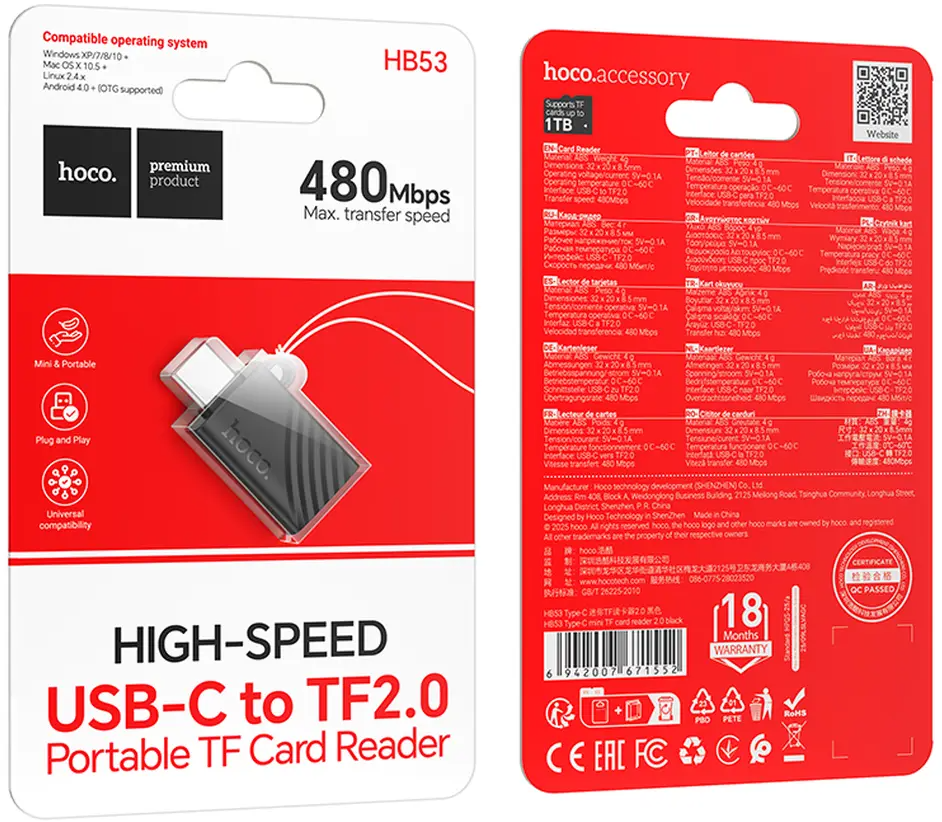 USB-C bralnik kartic HOCO HB53, microSD, črn