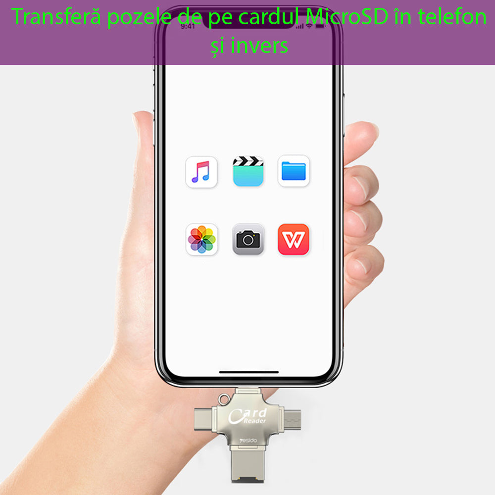 Bralec kartic USB / USB-C / Lightning / microUSB Yesido GS13, microSD, Srebrn