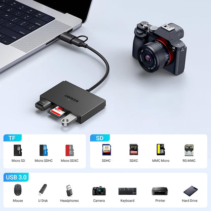 USB / USB-C UGREEN CM812 (45167) Card Reader, SD - microSD - 2 x USB-A, Black