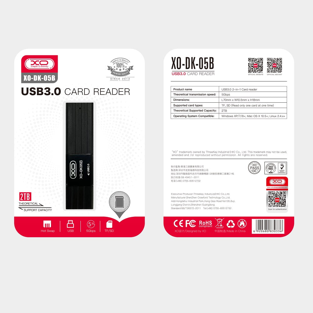 Bralnik kartic USB 3.0 XO Design DK05B, SD - microSD, Črn