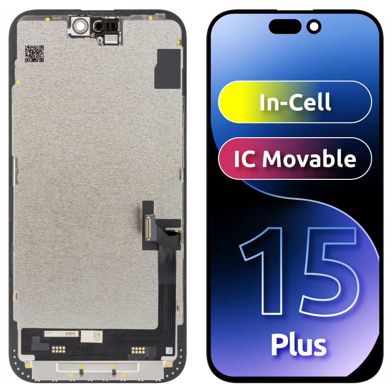 Zaslon s tehnologijo na dotik JK za Apple iPhone 15 Plus, s okvirjem, različica LCD In-Cell IC Movable, črna