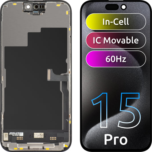 Zaslon s tehnologijo na dotik JK za Apple iPhone 15 Pro, z okvirjem, različica LCD In-Cell IC Movable, črna