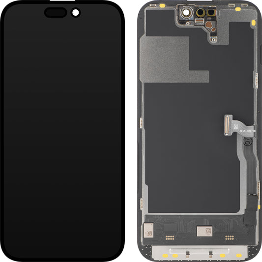 Zaslon na dotik MP, združljiv z Apple iPhone 14 Pro, z okvirjem, različica Soft OLED 120Hz FHD Diagnostic, črn