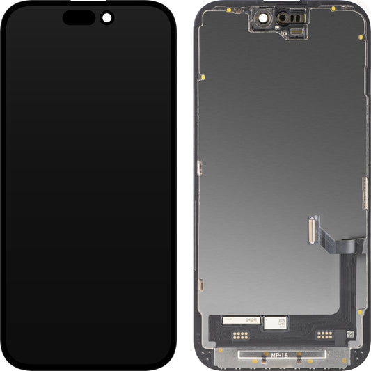 MP zaslon na dotik, združljiv z Apple iPhone 15, z okvirjem, Premium Soft OLED FHD 120Hz diagnostična različica, črna