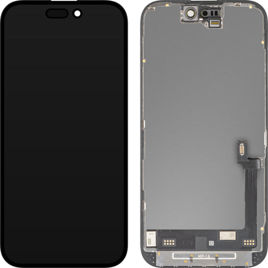 MP zaslon na dotik, združljiv z Apple iPhone 16, z okvirjem, Premium različica Soft OLED FHD 120Hz Diagnostic, črna