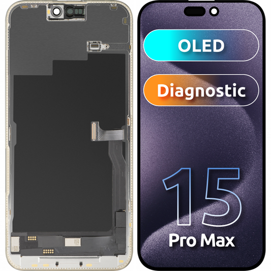 MP zaslon na dotik, združljiv z Apple iPhone 15 Pro Max, z okvirjem, OLED FHD diagnostična različica, črna, ponovno zapakiran