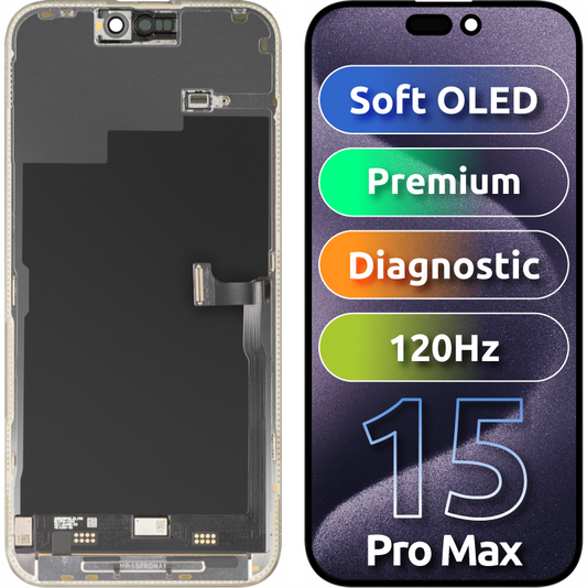 MP zaslon na dotik, združljiv z Apple iPhone 15 Pro Max, z okvirjem, Premium Soft OLED FHD 120Hz diagnostična različica, črna, ponovno zapakiran