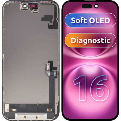 Zaslon na dotik MP, združljiv z Apple iPhone 16, z okvirjem, različica Soft OLED FHD Diagnostic, črn