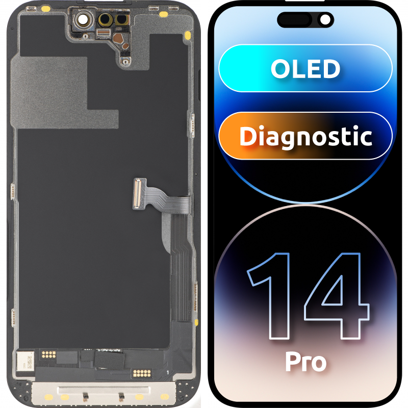 Zaslon s tehnologijo na dotik MP, združljiv z Apple iPhone 14 Pro, z okvirjem, različica OLED FHD Diagnostic, črn