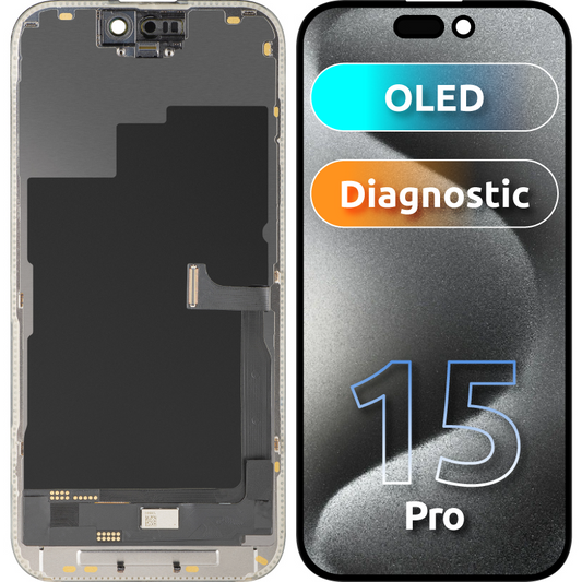 Zaslon s tehnologijo na dotik MP, združljiv z Apple iPhone 15 Pro, z okvirjem, različica OLED FHD Diagnostic, črn