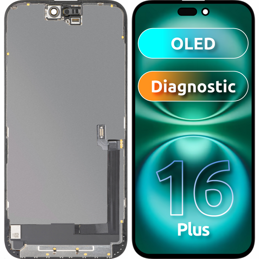 Zaslon s tehnologijo na dotik MP, združljiv z Apple iPhone 16 Plus, z okvirjem, različica OLED FHD Diagnostic, črn