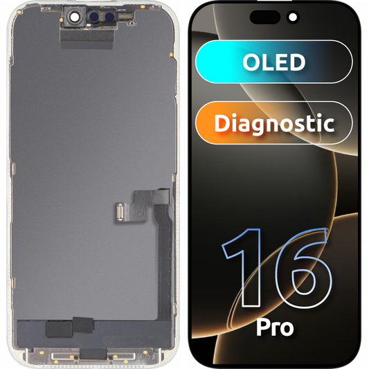 Zaslon s tehnologijo na dotik MP, združljiv z Apple iPhone 16 Pro, z okvirjem, različica OLED FHD Diagnostic, črn