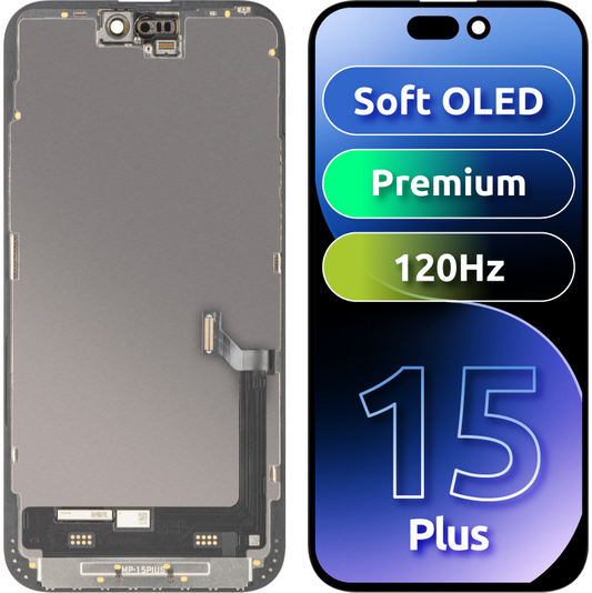 MP zaslon na dotik, združljiv z Apple iPhone 15 Plus, z okvirjem, Premium Soft OLED FHD 120Hz različica, črna