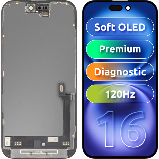 MP zaslon na dotik, združljiv z Apple iPhone 16, z okvirjem, Premium različica Soft OLED FHD 120Hz Diagnostic, črna