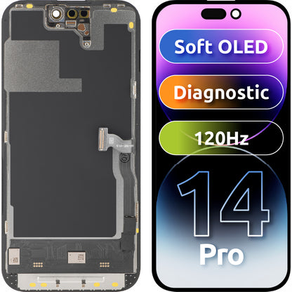 Zaslon na dotik MP, združljiv z Apple iPhone 14 Pro, z okvirjem, različica Soft OLED 120Hz FHD Diagnostic, črn