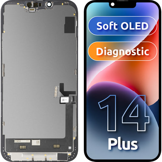 MP Touchscreen Display compatible with Apple iPhone 14 Plus, with Frame, Soft OLED FHD Diagnostic Version, Black